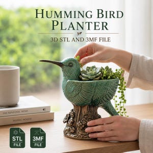 May include: A green hummingbird-shaped planter with a textured brown tree stump base. The text reads HUMMING BIRD PLANTER 3D STL AND 3MF FILE. The planter holds a succulent plant with trailing green beads, and two file format icons are visible.