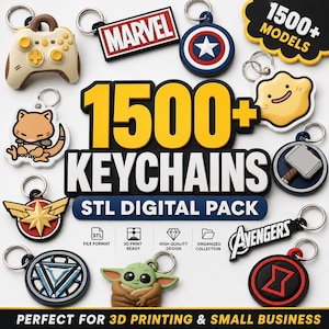 Könnte beinhalten: Eine digitale Sammlung von über 1500 Schlüsselanhänger-Designs mit verschiedenen Popkultur-Ikonen, darunter ein Gamecontroller, das Marvel-Logo, Captain Americas Schild, Thors Hammer, Iron Mans Arc-Reaktor und Grogu. Text: 1500+ KEYCHAINS STL DIGITAL PACK.