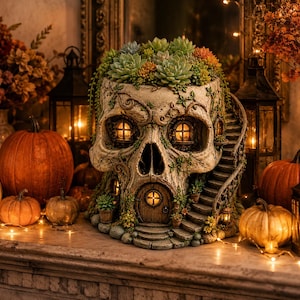 May include: A skull-shaped planter with a stone-like texture, featuring a small arched wooden door, windows with warm interior lighting, and a winding staircase. The top of the skull is filled with a variety of green and orange succulent plants.