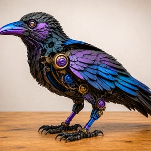 Op de afbeelding: Een sculptuur van een raaf gemaakt van metalen onderdelen, met iriserende blauwe en paarse veren, ingewikkelde mechanische tandwielen en zichtbare uurwerkelementen. De vogel heeft een scherpe, gebogen snavel en gedetailleerde klauwen.