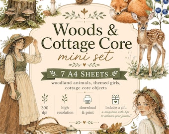 Cottagecore Woodland Animals Stickers | Watercolor Vintage Girl Ephemera (Printable Download)