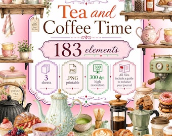 Tea and Coffee Watercolor Illustrations | Printable Junk Journal Ephemera Kit (Digital Download)