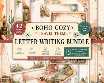 Boho Travel Letter Writing Paper Printable | 42 Lined Journal Pages | Double-Sided Vintage Stationery | Penpal Happy Mail Scrapbook Download