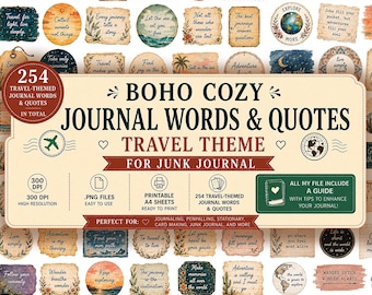 Boho Journal Word Stickers PNG | Travel Ephemera Quotes Printable | Junk Journal Labels Digital Kit | Scrapbooking Words Download