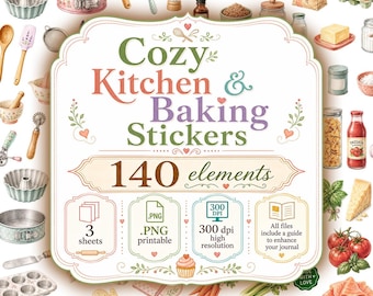 Cozy Kitchen Baking Stickers | Watercolor Style PNG (Digital Download) | Printable | Scrapbooking Ephemera