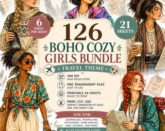 Boho Cozy Girls Illustrations Bundle | Travel Theme PNG (Digital Download)