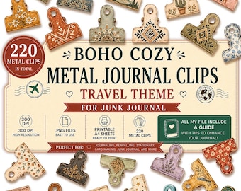 Boho Travel Metal Journal Clips | Printable PNG Ephemera Stickers (A4)