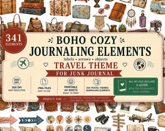Travel Scrapbooking Elements | Boho Stickers, Cozy Objects,  Arrows Labels  | Journaling Digital Kit | Download