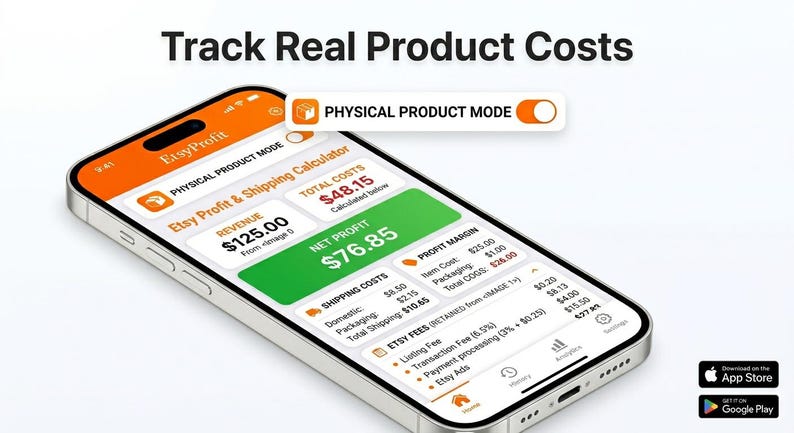 K&ouml;nnte beinhalten: Ein Smartphone mit der Benutzeroberfl&auml;che der EtsyProfit-App und orangefarbener Kopfzeile, das einen Schalter f&uuml;r den Physical Product Mode, 125,00 $ Umsatz, 48,15 $ Gesamtkosten und 76,85 $ Nettogewinn sowie detaillierte Etsy-Geb&uuml;hren anzeigt.
