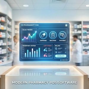 May include: A pharmacy setting with shelves of medications and a digital display of "PHARMASOFT POS" software. The software interface shows sales trends, inventory, and billing options. The text "MODERN PHARMACY POS SOFTWARE" is displayed at the bottom.