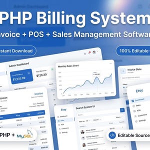 May include: A digital product mockup showcasing a PHP billing system with invoice, POS, and sales management software. The interface displays charts, invoices, and dashboard views. Includes text: "Instant Download" and "100% Editable Code".