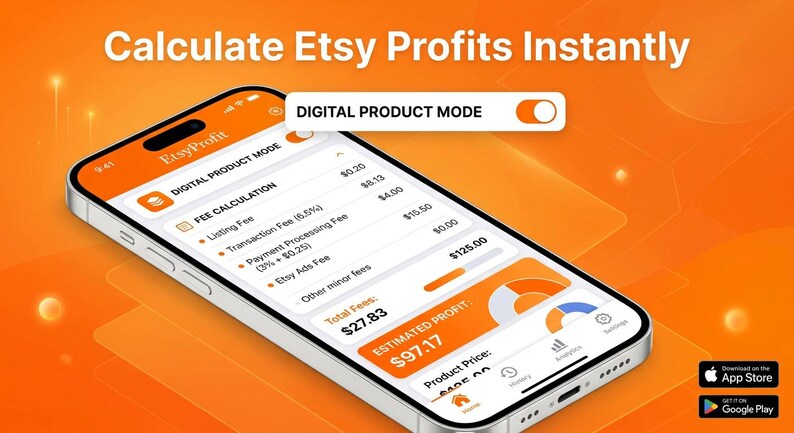 K&ouml;nnte beinhalten: Ein Smartphone mit der Benutzeroberfl&auml;che der EtsyProfit-App auf orangefarbenem Hintergrund. Der Bildschirm zeigt eine Geb&uuml;hrenberechnungsliste, einen Schalter f&uuml;r den Digital Product Mode und einen gesch&auml;tzten Gewinn von 97,17 $.