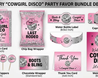 Cowgirl Disco Party Bundle: Pinke Western-Einladung, Chips-Tüte, Wasserflaschen-Etiketten (digitaler Download)