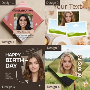 K&ouml;nnte beinhalten: Vier Designs f&uuml;r Karten und Abschlusskappen. Design 1 sagt "Gl&uuml;ckwunsch" und "Dein Name". Design 2 sagt "Dein Text". Design 3 sagt "Alles Gute zum Geburtstag". Design 4 sagt "2026".