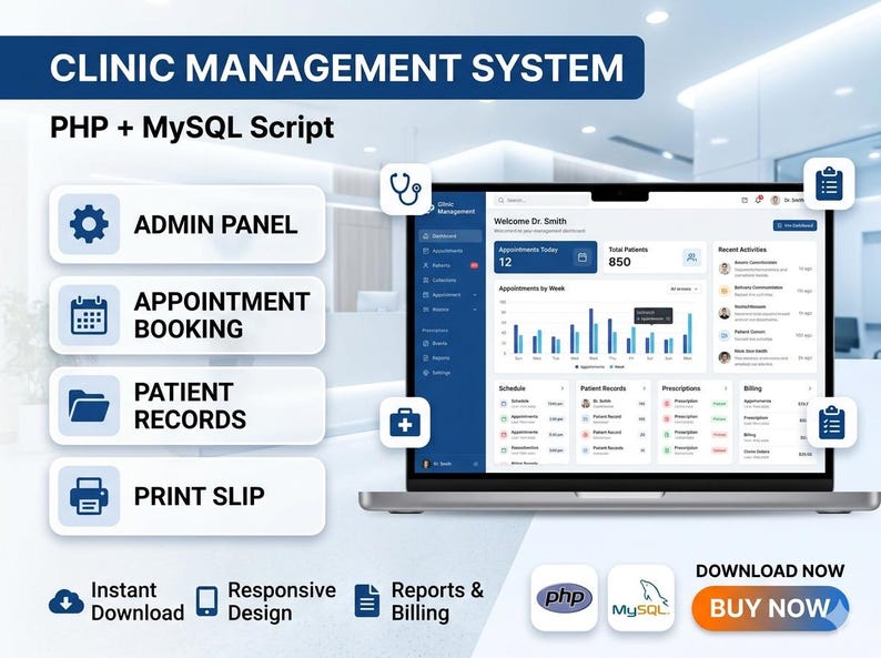 May include: A laptop screen displays a clinic management system interface with charts and patient data. The image includes icons for admin panel, appointment booking, patient records, and print slip. Text reads "Clinic Management System" and "PHP + MySQL Script."