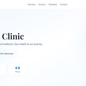 May include: A website homepage for MedCare Clinic. The site features a blue and white color scheme with the clinic's logo and navigation options. The text includes "MedCare Clinic", "Book Appointment", and statistics for experience, patients, and rating.