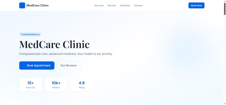 May include: A website homepage for MedCare Clinic. The site features a blue and white color scheme with the clinic's logo and navigation options. The text includes "MedCare Clinic", "Book Appointment", and statistics for experience, patients, and rating.