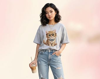 Cat Wearing Glasses Graphic Tee, Damen Tierliebhaber Streetwear Shirt