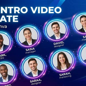 May include: A digital template for a team intro video, editable in Canva. The design features circular portraits of team members with their names and titles, set against a blue and purple gradient background. The Etsy logo is visible.