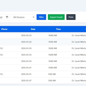 May include: A digital dashboard interface with a blue and white color scheme. The top section includes search fields and buttons for filtering and exporting data. A table displays patient information, including name, phone, date, time, and doctor.