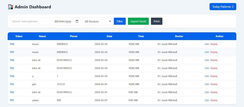 May include: A digital dashboard interface with a blue and white color scheme. The top section includes search fields and buttons for filtering and exporting data. A table displays patient information, including name, phone, date, time, and doctor.