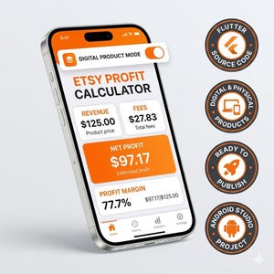 K&ouml;nnte beinhalten: Ein Smartphone mit der Benutzeroberfl&auml;che einer Etsy Profit Calculator App und einem Digital Product Mode Schalter. Der Bildschirm zeigt 125,00 $ Umsatz, 27,83 $ Geb&uuml;hren, 97,17 $ Nettogewinn und 77,7 % Gewinnspanne. Vier runde Abzeichen listen Funktionen.