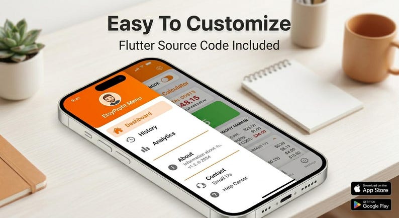 K&ouml;nnte beinhalten: Ein Smartphone zeigt die Benutzeroberfl&auml;che der mobilen App EtsyProfit mit einem orange-wei&szlig;en Men&uuml;-Overlay. Der Bildschirm zeigt Navigationsoptionen wie Dashboard, History, Analytics, About und Contact. Der Text lautet Easy To Customize.