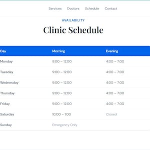 May include: A clinic schedule displayed on a website. The schedule shows the availability for each day of the week, including morning and evening hours. The clinic name is MedCare Clinic.