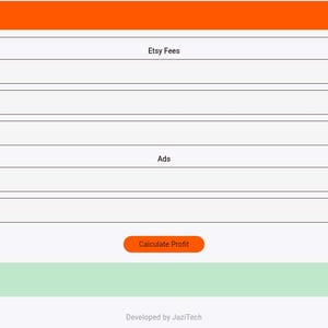 K&ouml;nnte beinhalten: Eine digitale Etsy-Gewinnrechner-Oberfl&auml;che mit orangefarbener Kopfzeile, wei&szlig;en Eingabefeldern f&uuml;r Etsy-Geb&uuml;hren, Transaktionsgeb&uuml;hren, Einstellgeb&uuml;hren und Werbekosten, einer Schaltfl&auml;che zur Gewinnberechnung und einem gr&uuml;nen Ergebnisfeld mit $-0.20.