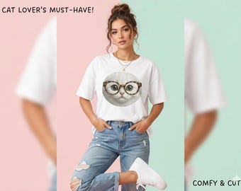 Katze mit Brille Grafik T-Shirt, Kitty Shirt, trendiges Tierliebhaber T-Shirt