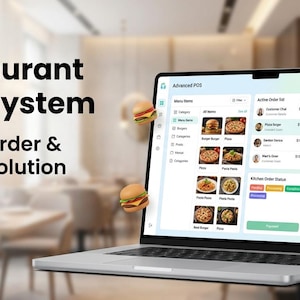 May include: A laptop screen showing a restaurant point-of-sale (POS) system interface. The screen displays menu items, order details, and billing information. Text on the screen reads "Restaurant POS System" and "Smart Order & Billing Solution."