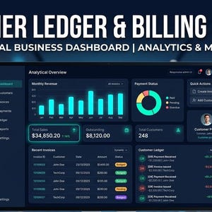 Op de afbeelding: Een digitaal dashboard-interface getiteld Customer Ledger & Billing System, met professionele bedrijfsanalyses, staafdiagrammen voor maandelijkse inkomsten, een cirkeldiagram voor betalingsstatus en een gedetailleerde grootboekentabel.