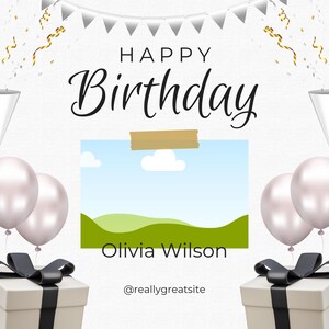 K&ouml;nnte beinhalten: Ein Geburtstag-Grafik mit den Worten "Happy Birthday" in eleganter Schrift. Das Design umfasst Ballons, Geschenkboxen und Konfetti. Der Name "Olivia Wilson" ist abgebildet, zusammen mit einer Website-Adresse.