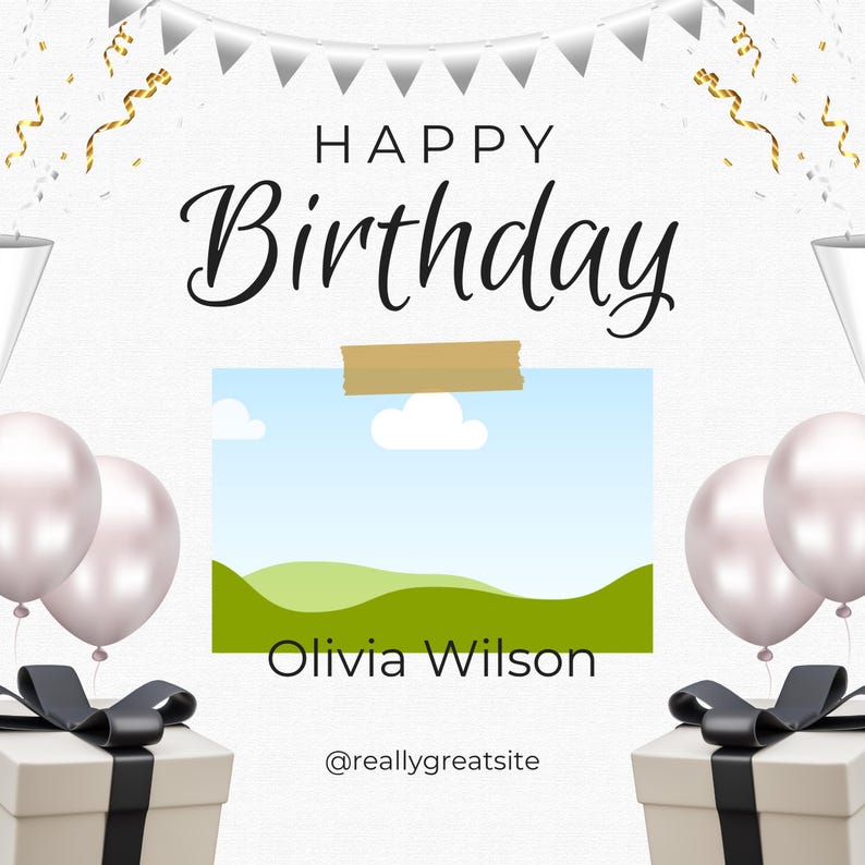 K&ouml;nnte beinhalten: Ein Geburtstag-Grafik mit den Worten "Happy Birthday" in eleganter Schrift. Das Design umfasst Ballons, Geschenkboxen und Konfetti. Der Name "Olivia Wilson" ist abgebildet, zusammen mit einer Website-Adresse.