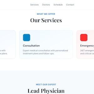 May include: A website screenshot for MedCare Clinic. The page features a blue logo, navigation links, and three service options: General Checkup, Consultation, and Emergency Care. A blue "Book Now" button is in the top right.