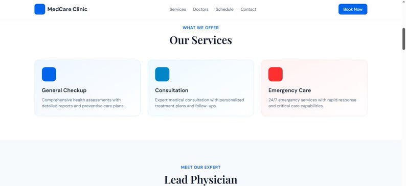 May include: A website screenshot for MedCare Clinic. The page features a blue logo, navigation links, and three service options: General Checkup, Consultation, and Emergency Care. A blue "Book Now" button is in the top right.