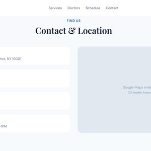 May include: A website page for MedCare Clinic, featuring contact information. The page includes the address, phone number, email, and hours of operation. A blue "Book Now" button is in the top right corner.