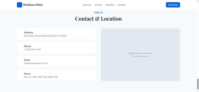 May include: A website page for MedCare Clinic, featuring contact information. The page includes the address, phone number, email, and hours of operation. A blue "Book Now" button is in the top right corner.