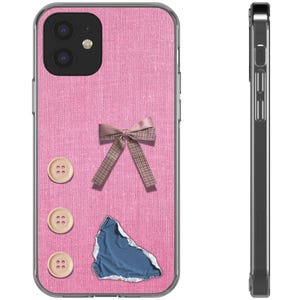 Torn Denim Patch Pink Bow Phone Case | Buttons, Cute Kawaii Design