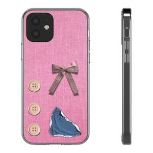 Torn Denim Patch Pink Bow Phone Case | Buttons, Cute Kawaii Design
