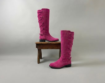 Women's Fuchsia Knee High Suede Boots with Crisscross Lace Side Detail, Low Block Heel, Round Toe Winter Fashion Riding Boots Style Wear