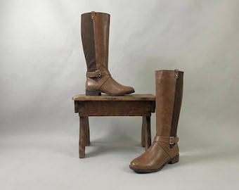 Premium Brown Leather Knee High Boots for Women with Side Buckle Strap Low Heel Durable Sole Elegant Riding Style Winter Fashion Footwear