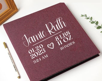 Personalized Linen Baby Stats Photo Album – Self Adhesive Scrapbook