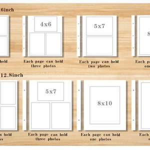May include: A diagram showing the different sizes of photo pages available in a photo album. The sizes are 3x5 inches, 4x6 inches, 5x7 inches, 8x10 inches, and 10x12 inches. The diagram shows how many photos can fit on each page.