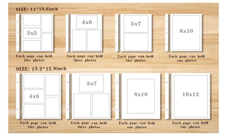 May include: A diagram showing the different sizes of photo pages available in a photo album. The sizes are 3x5 inches, 4x6 inches, 5x7 inches, 8x10 inches, and 10x12 inches. The diagram shows how many photos can fit on each page.