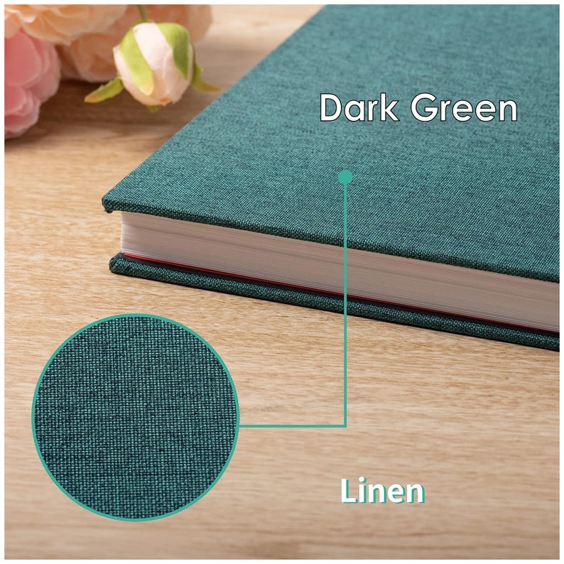 May include: A dark green linen-covered journal with the text "Dark Green" printed on the cover. The journal has a white spine and red stitching.