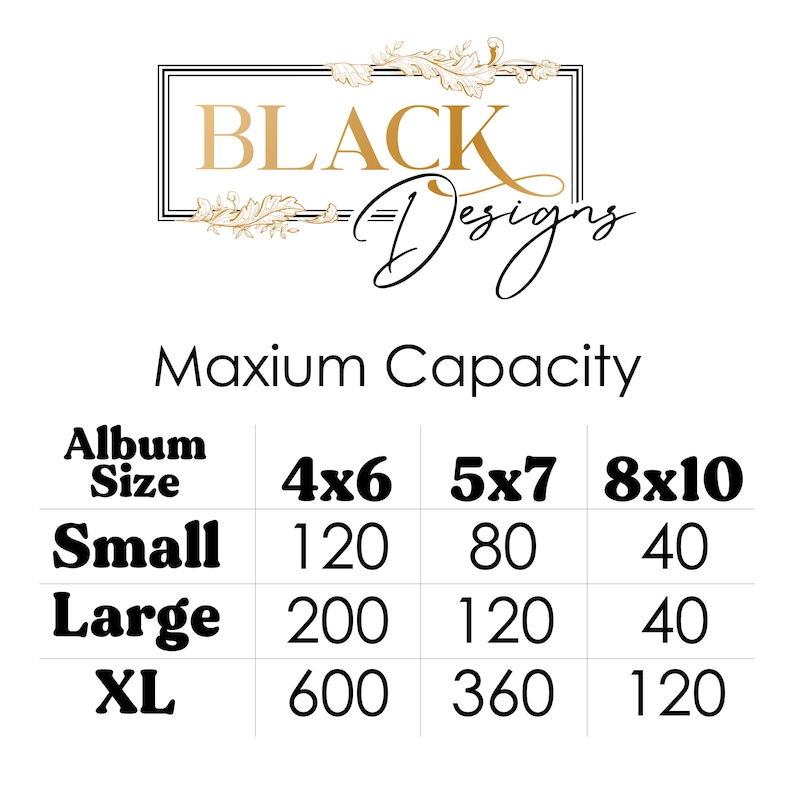 May include: A black and white chart showing the maximum capacity of photo albums based on size. The chart shows the maximum number of 4x6, 5x7, and 8x10 photos that can fit in a small, large, or extra large album.