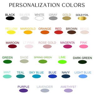 May include: A chart of 25 different colour swatches, labelled with their names in black text. The colours include black, silver, white, grey, gold, gold foil, yellow, marigold, orange, red, brown, beige, maroon, light pink, rose gold, magenta, pink, green, sage, spring green, lime, dark green, mint, teal, sky blue, blue, navy, light blue, purple, lavender, and amethyst.