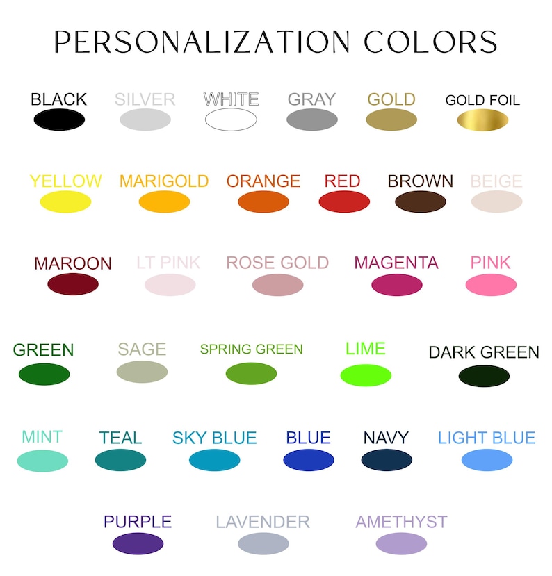 May include: A chart of 25 different colour swatches, labelled with their names in black text. The colours include black, silver, white, grey, gold, gold foil, yellow, marigold, orange, red, brown, beige, maroon, light pink, rose gold, magenta, pink, green, sage, spring green, lime, dark green, mint, teal, sky blue, blue, navy, light blue, purple, lavender, and amethyst.