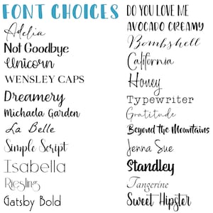 K&ouml;nnte beinhalten: Eine Liste von Schriftarten f&uuml;r ein Designprojekt. Die Schriftarten werden in schwarzer Schrift auf wei&szlig;em Hintergrund angezeigt. Die Schriftarten umfassen Adelia, Not Goodbye, Unicorn, Wensley Caps, Dreamery, Michaela Garden, La Belle, Simple Script, Isabella, Riesling, Gatsby Bold, Do You Love Me, Avocado Creamy, Bombshell, California, Honey, Typewriter, Gratitude, Beyond the Mountains, Jenna Sue, Standley, Tangerine und Sweet Hipster.